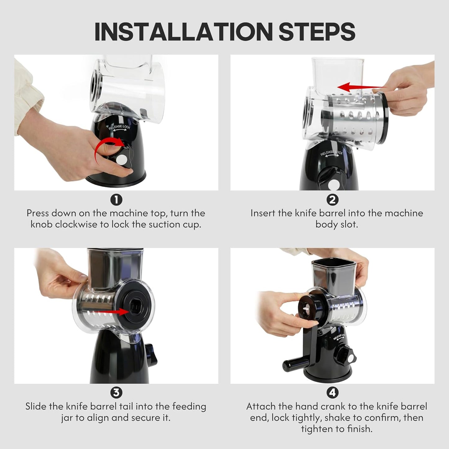 Rotary Cheese Grater - 3-in-1 Shredder with Hand Crank | Non-Slip Suction Base, Food Grade, Black