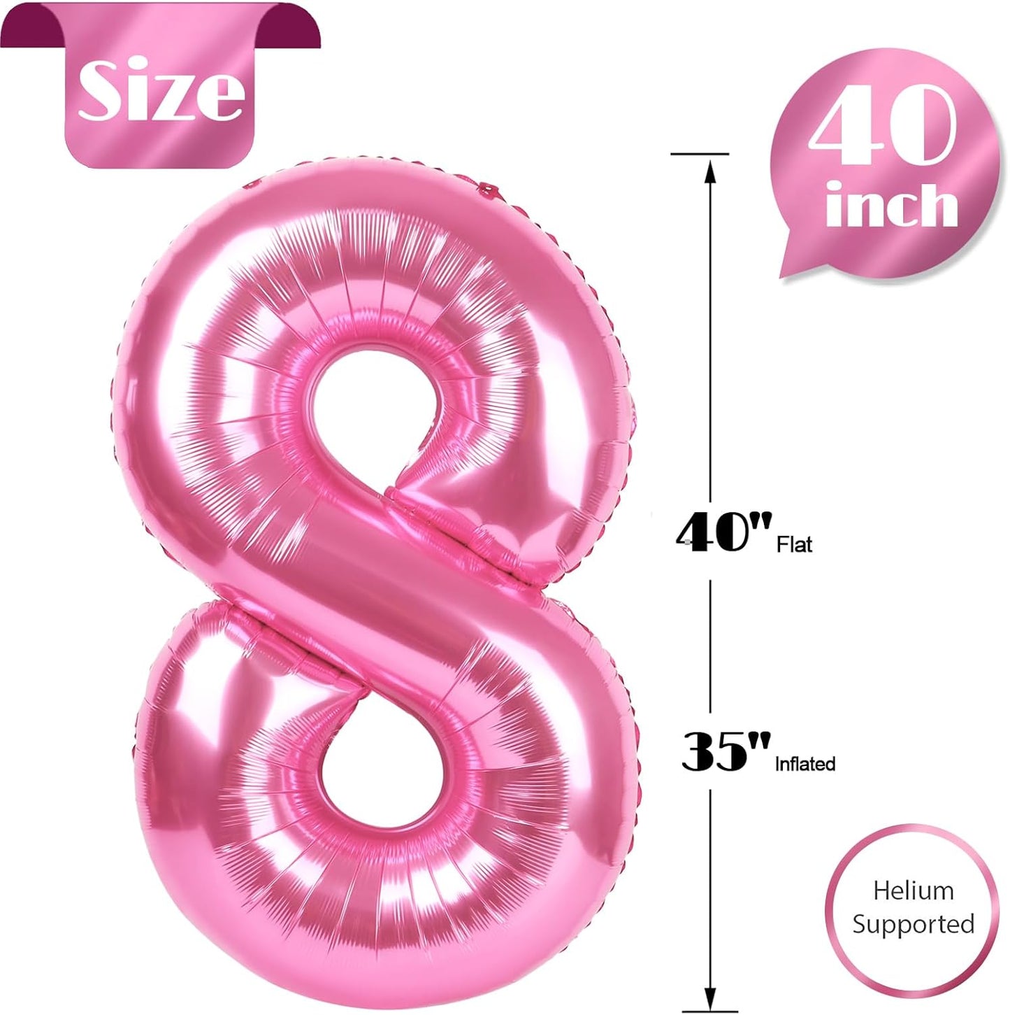 Pink Number 8 Balloon - 40 Inch Giant Foil Balloon for 8th Birthday Party Decorations
