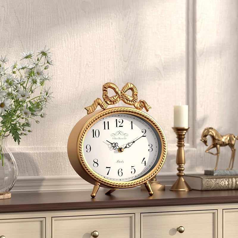 Vintage Table Clock with Bow - Gold Boho French Style, 9.45" H x 8.3" W, 2.16" D (Variation: Gold)
