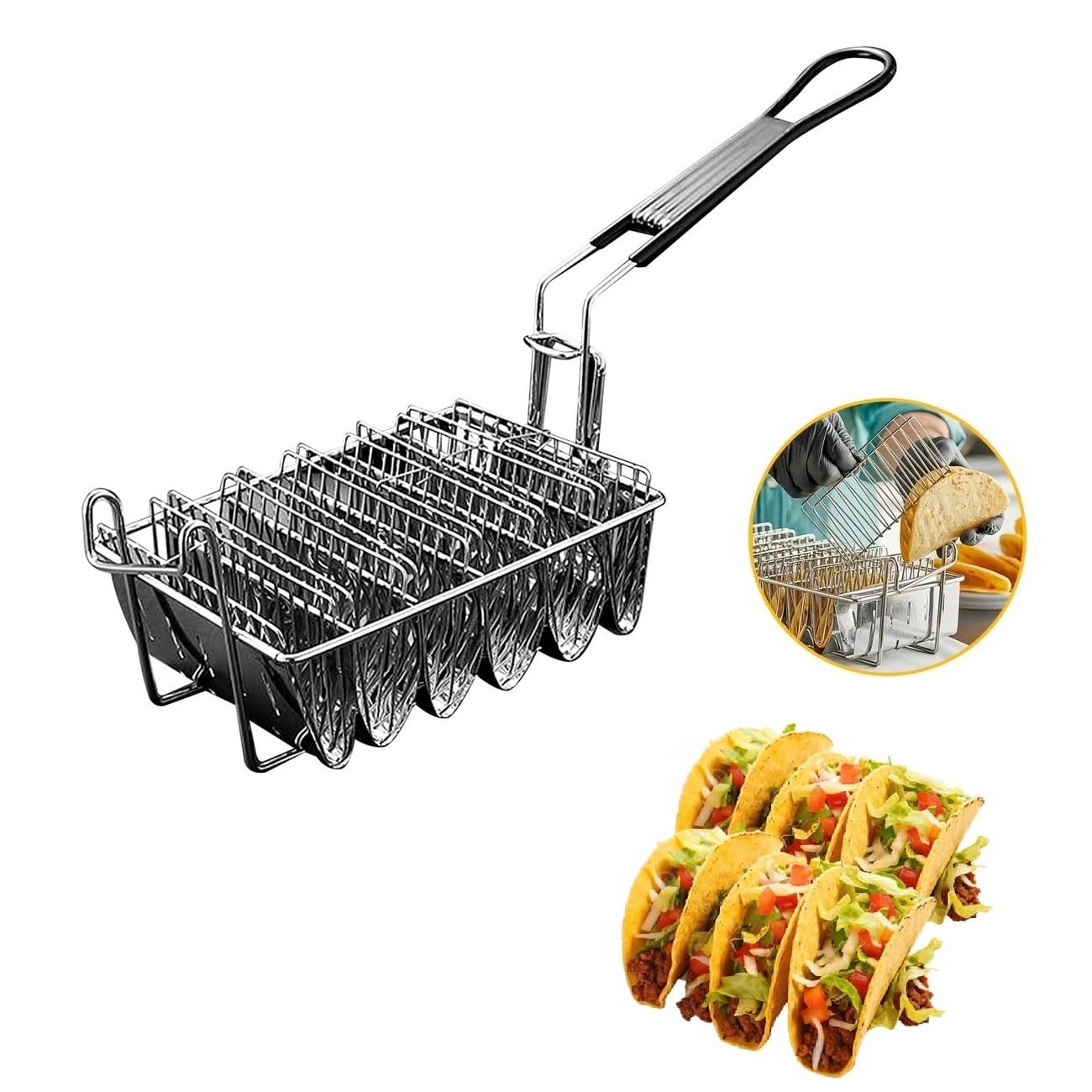 Taco Fryer Basket, 6 Shells Stainless Steel Taco Shell Fry Basket Tortilla Frying Basket, Taco Shell Maker Deep Fry Basket with Detachable Handle, Taco Holder Stand for Commercial and Home Use