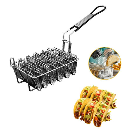 Taco Fryer Basket, 6 Shells Stainless Steel Taco Shell Fry Basket Tortilla Frying Basket, Taco Shell Maker Deep Fry Basket with Detachable Handle, Taco Holder Stand for Commercial and Home Use