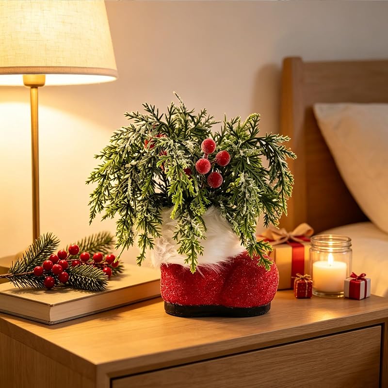 Mini Christmas Santa Boots Planter 8" with Red Berry Cedar