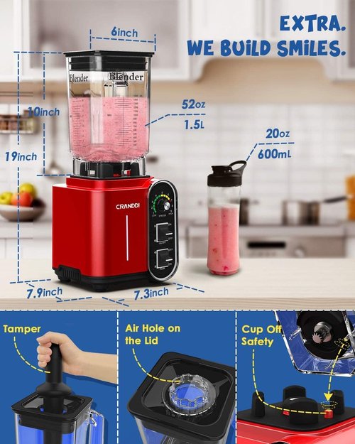 CRANDDI Smoothie Blender - 52oz 1800 Watt Professional Blender with Stainless Steel Blade & Self-Cleaning | K98C Red