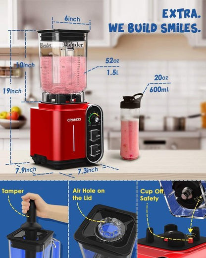 CRANDDI Smoothie Blender - 52oz 1800 Watt Professional Blender with Stainless Steel Blade & Self-Cleaning | K98C Red