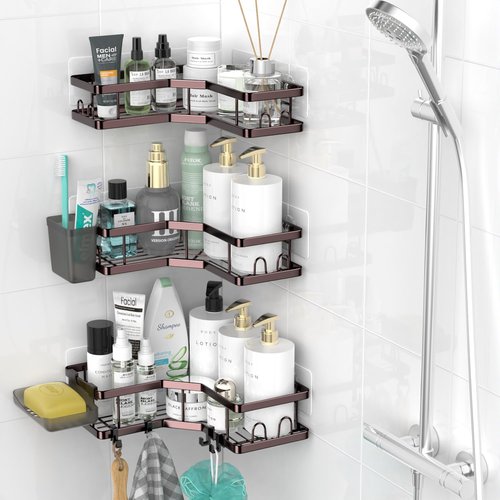 **AKTECKE Corner Shower Caddy Organizer - Adhesive No-Drill Rack for Bathtub - 3-Pack Rustproof Shelves**