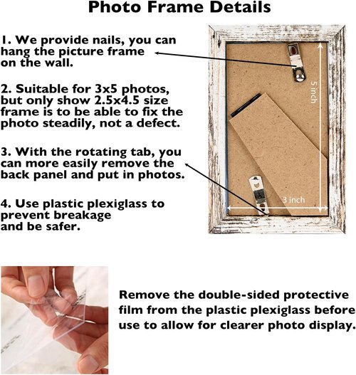 JCJMY 3x5 Picture Frame - Sturdy Tabletop Design with Shatter-Resistant Plexiglass | Rustic White Finish