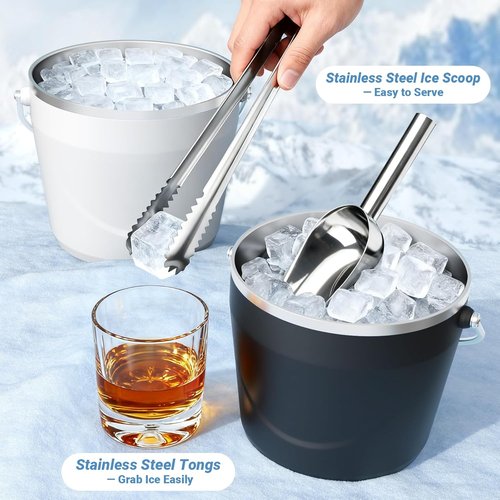 Insulated Beverage & Ice Bucket with Lid - Stainless Steel, Includes Scoop & Tongs, Holds 6 Longnecks or 3 Wine Bottles, Keeps Ice for Hours, Portable Handle for Parties & Outdoors (7.5L)