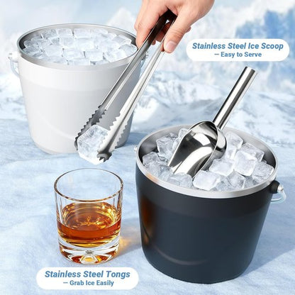 Insulated Beverage & Ice Bucket with Lid - Stainless Steel, Includes Scoop & Tongs, Holds 6 Longnecks or 3 Wine Bottles, Keeps Ice for Hours, Portable Handle for Parties & Outdoors (7.5L)