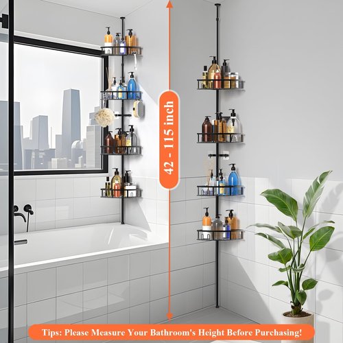 4-Tier Rustproof Corner Shower Caddy by [Brand Name] - Adjustable Tension Pole, 42-115 Inch Height, Freestanding Bathroom Organizer - Black