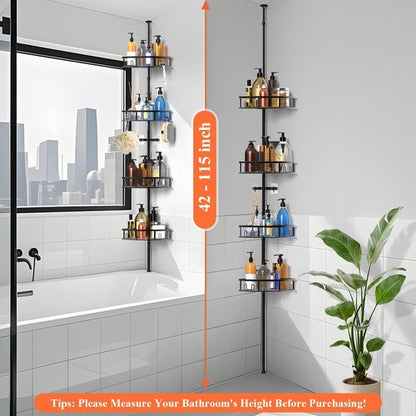 4-Tier Rustproof Corner Shower Caddy by [Brand Name] - Adjustable Tension Pole, 42-115 Inch Height, Freestanding Bathroom Organizer - Black