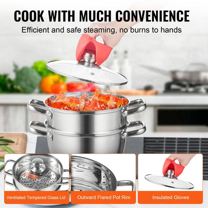 Steamer Pot, 8.66 in/22 cm Steamer Pot for Cooking with 3QT Stock Pot and Vegetable Steamer, Large Capacity Stainless Steel Food Steamer Cookware with Lid for Gas Electric Induction Grill Stove