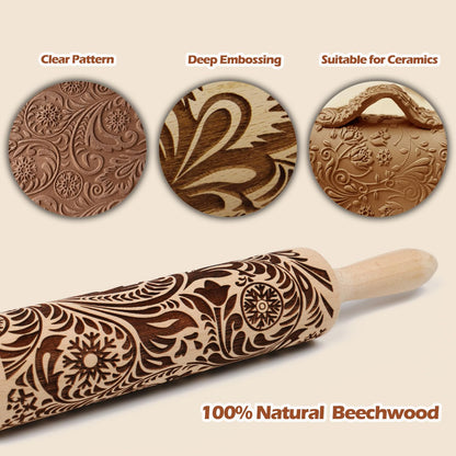 Embossed Rolling Pin for Baking Cookies Christmas Embossing Rolling Pins with Design Wooden Engraved Springerle Roller Pin Dough Patterned Clay Pottery Ceramic Bakers Women (Flower Snowflake Paisley)