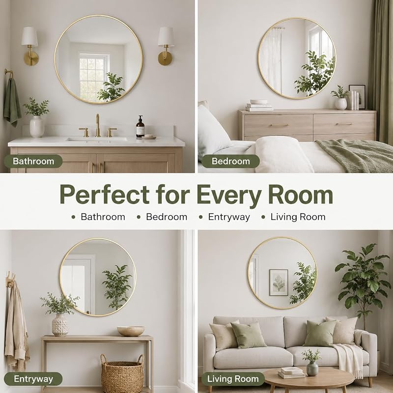 32 Inch Round Wall Mirror with Black Metal Frame - Modern Home Decor (Variation: Black)