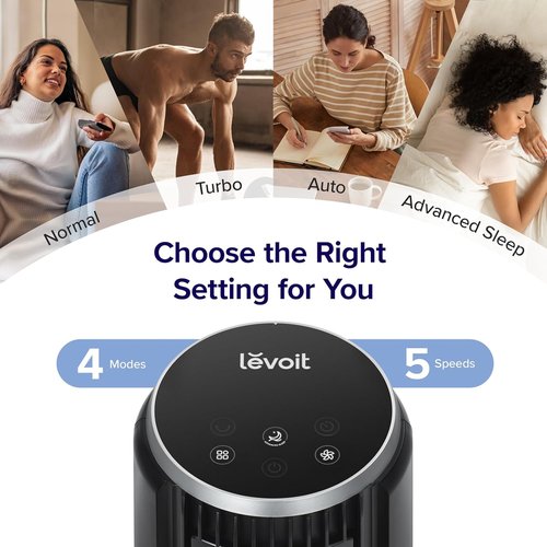 LEVOIT Tower Fan - 36-Inch Standing Fan with 25ft/s Airflow, 90° Oscillation, Quiet 28dB, Remote Control, 12H Timer, 5 Speeds - Black