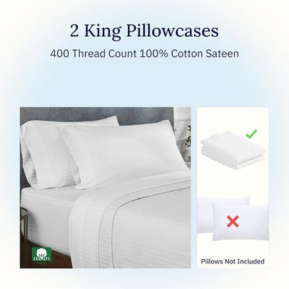 California Design Den King Size Pillowcase Set - 400 Thread Count 100% Cotton Sateen - Soft Striped Bright White, Set of 2