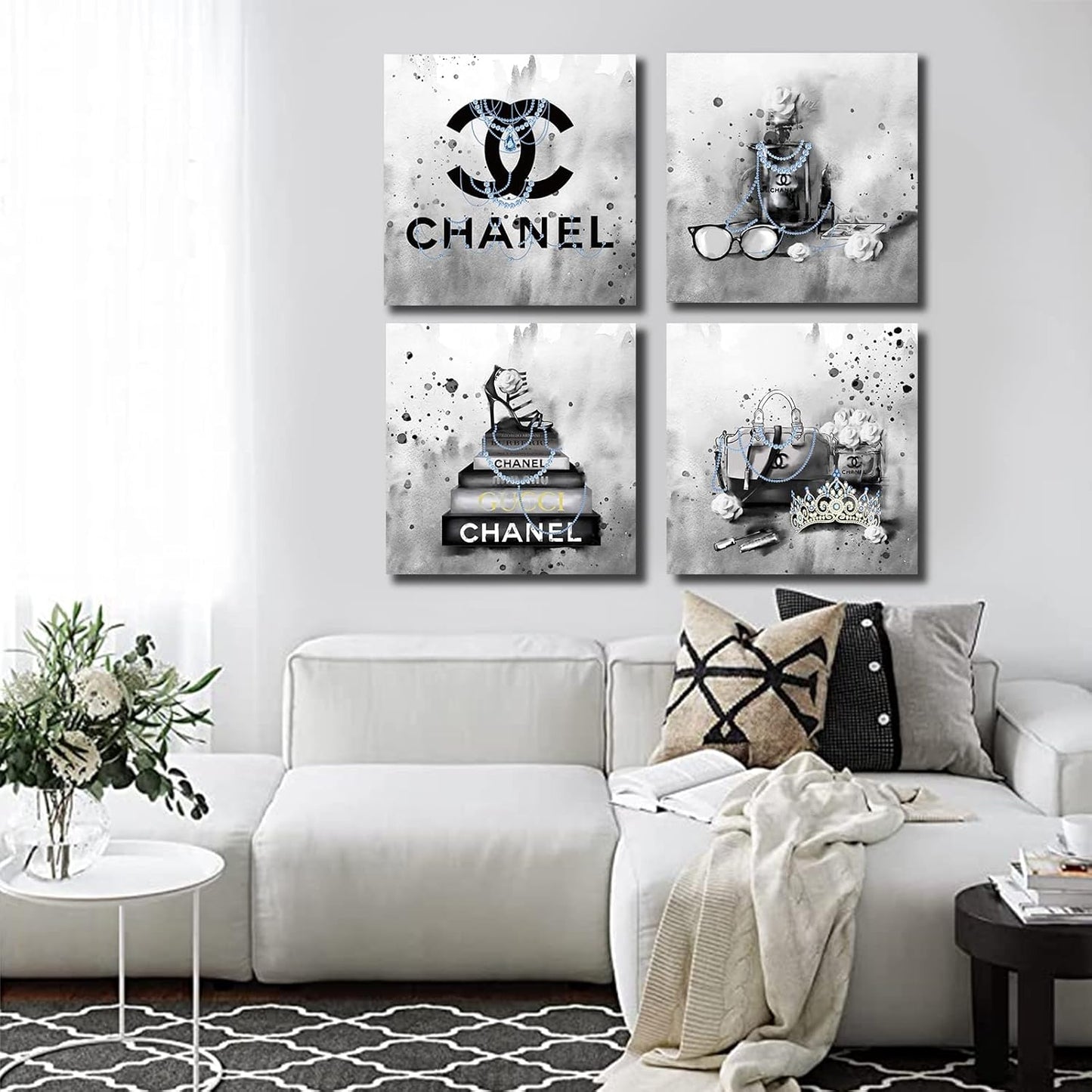 Meetdeceny Bedroom Wall Decor - Black And White Fashion Handbag Art for Teen Girls | Perfume Canvas Prints - 20"x20" - 4 Piece Set