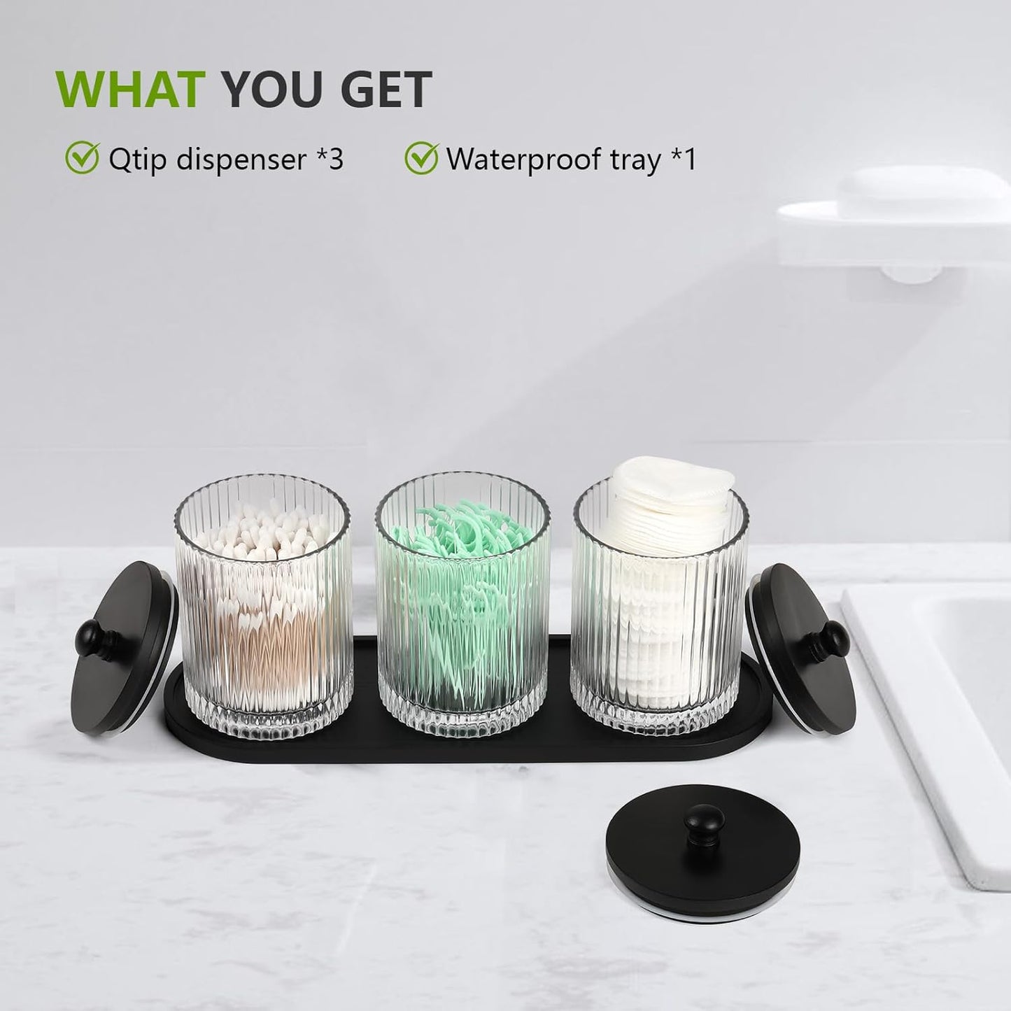 Skiennix 3-Pack Qtip Holder - Elegant Bathroom Organizers with Glass Apothecary Jars & Lids