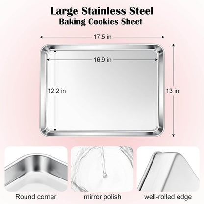E-far Stainless Steel Cookie Sheet - Large 18”x13” Non-Toxic Baking Pan | Rust-Free & Dishwasher Safe