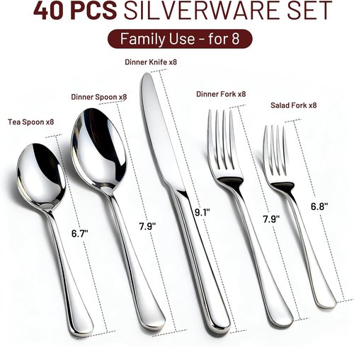 KIKCOIN 40-Pack Stainless Steel Silverware Set - Heavy-Duty Mirror Polished Cutlery for 8 | Perfect for Home, Kitchen, and Weddings