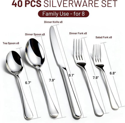 KIKCOIN 40-Pack Stainless Steel Silverware Set - Heavy-Duty Mirror Polished Cutlery for 8 | Perfect for Home, Kitchen, and Weddings