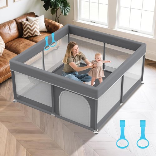 Grey Baby Playpen | 64"x64" Full Cover Anti-Collision Cloth Playard - Modern Infant Activity Center