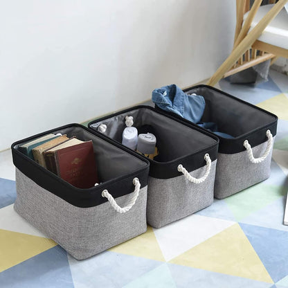 TheWarmHome Collapsible Storage Bins - Large 3-Pack Fabric Organizers for Toys & Gifts | 16x12x8 Inch (Black & Grey)