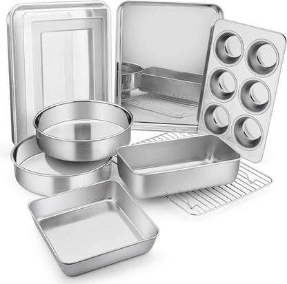 E-far Stainless Steel Baking Pan Set - 9-Piece Bakeware for Cakes, Cookies & Muffins | Dishwasher Safe