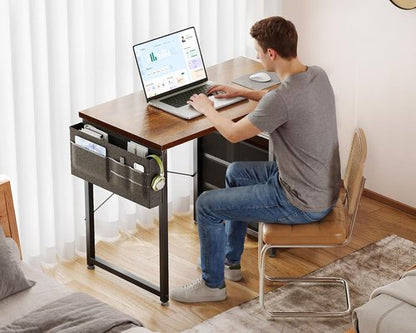 AODK 32" Small Computer Desk - Vintage Kids Study Writing Desk with Fabric Drawers & Storage Shelf