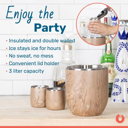 Snowfox Plus - Insulated Ice Bucket with Lid/Scoop, Premium Vacuum Insulated Stainless Steel Ice Buckets for Parties, Ice Box, Home Bar Accessories, Parties Supplies, Bar Decor, 3L, Dark Walnut