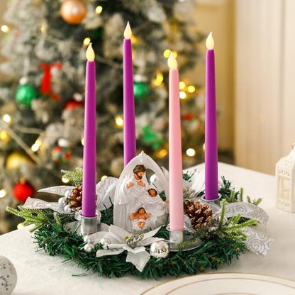 Jingmore Advent Candle Holder Kit - 6 Pcs with 12'' Wreath, Nativity Scene & 4 LED Candles for Christmas Decor