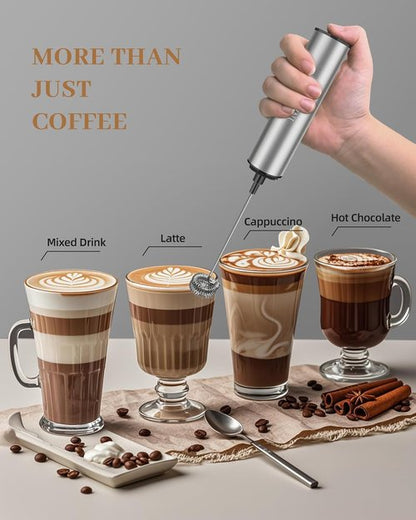 INFOOD Rechargeable Milk Frother - Handheld Coffee Mixer with 2 Detachable Stainless Whisks, Silver