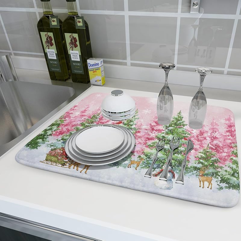 Winter Forest 24x18 Inch Dish Drying Mat - Christmas Kitchen Counter Protector