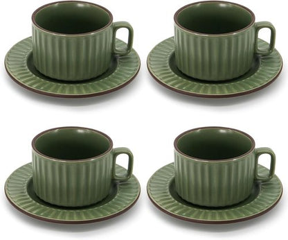 DOWAN Cappuccino Cup Set - 8 OZ Ceramic Coffee Mugs with Saucers | Elegant Ribbed Stoneware for Home & Café