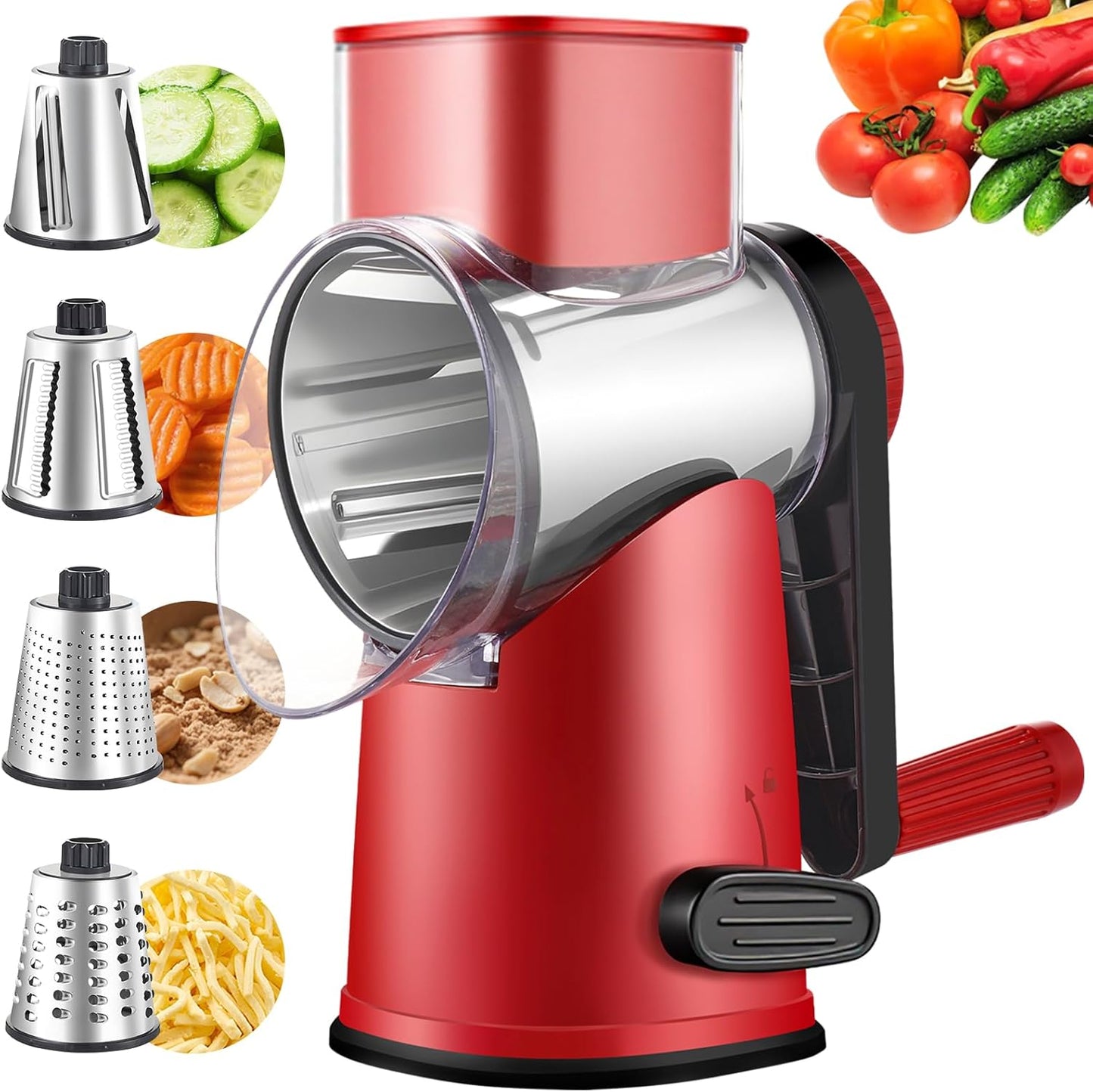 Rotary Cheese Grater by [Brand Name] - Large Hand Crank with 4 Blades & Suction Base | Red & Black