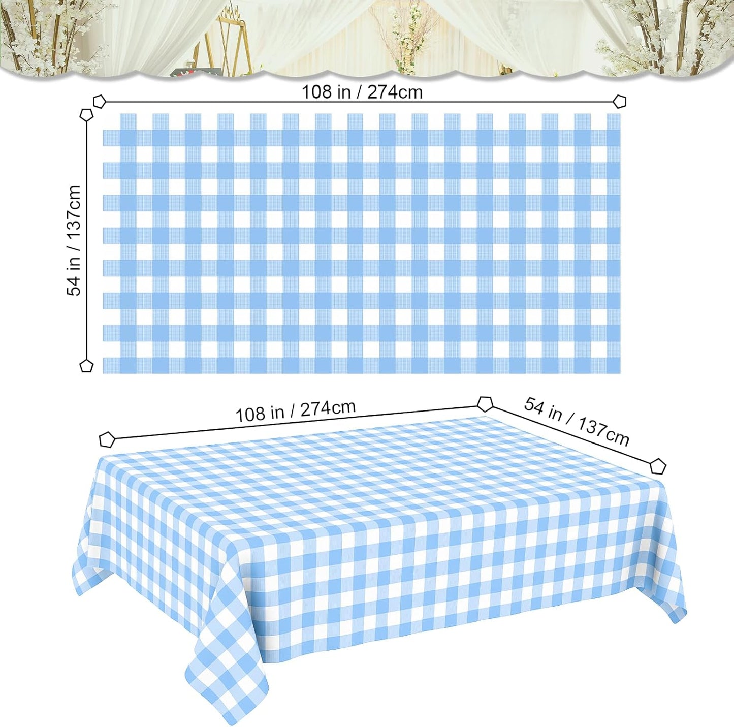 Skiennix Blue Gingham Tablecloth - Disposable Light Blue Checkered Design | Perfect for Outdoor Events (54 x 108 Inch)