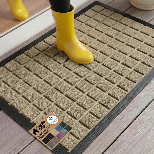 GORILLA GRIP Waterproof All-Season Doormat - Natural Rubber, Stain & Fade Resistant, Easy Clean, 29x17, Taupe Grid