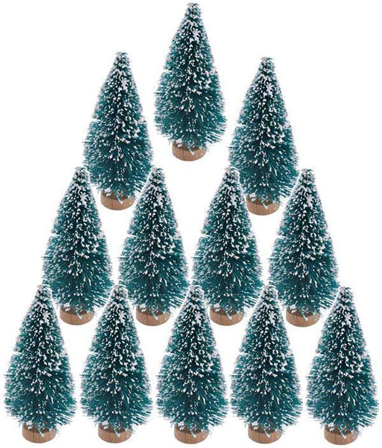 Skiennix Mini Bottle Brush Christmas Trees - 24 Pack with Wood Base | Blue-Green Winter Ornaments for Crafts