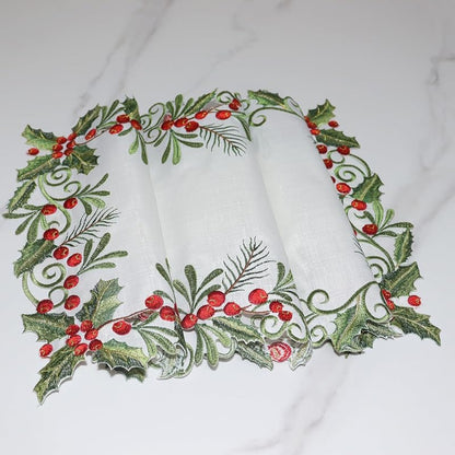 Christmas Table Runner Holly Red Berry White—13x48in, Embroidered 100% Polyester Variation: White+13x48IN