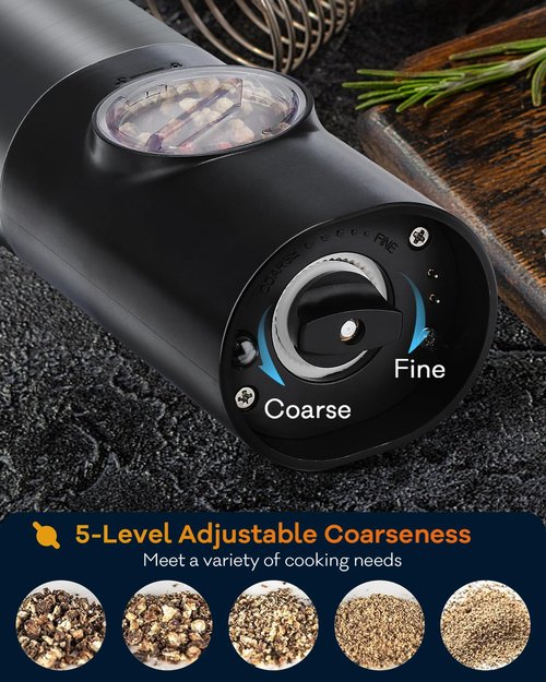 Electric Salt and Pepper Grinder Set, Upgraded USB Rechargeable Stand, Automatic Salt and Pepper Grinder Set, Salt and Pepper Shakers Refillable, One Hand Operation, Adjustable Coarseness, LED Light