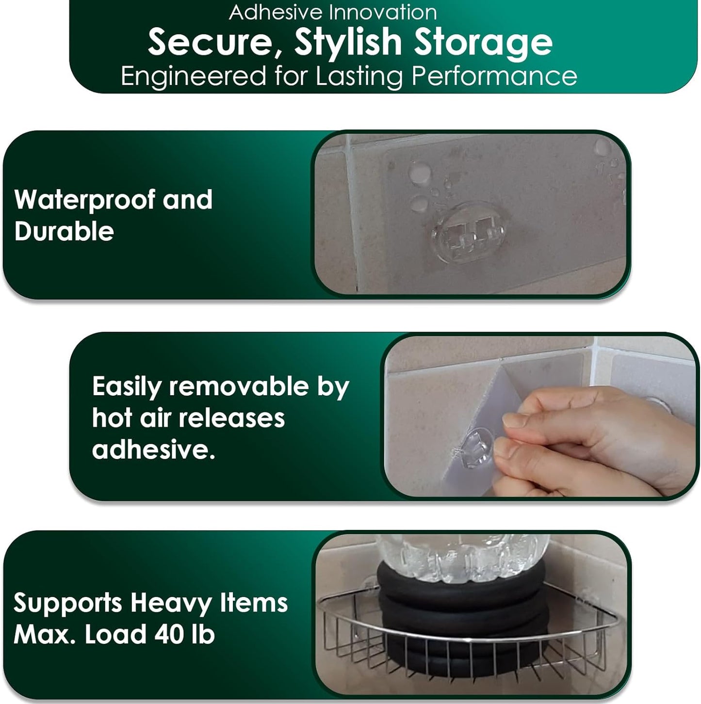 Skiennix Shower Caddy Adhesive Replacement Stickers - Strong Suction Hooks for Bathroom Storage | Large Transparent Design, 3 Hooks