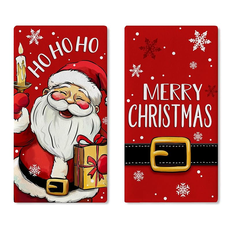 Santa Christmas Red Kitchen Towels Set of 2 - Durable Farmhouse Dish Cloths (Variation: Santa)