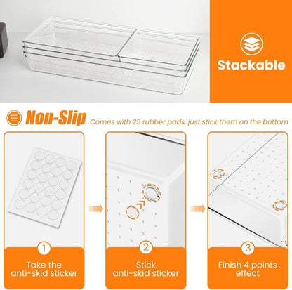 Criusia Large Clear Drawer Organizer Set - 6 Pcs Acrylic Storage Trays for Kitchen, Bathroom & Office