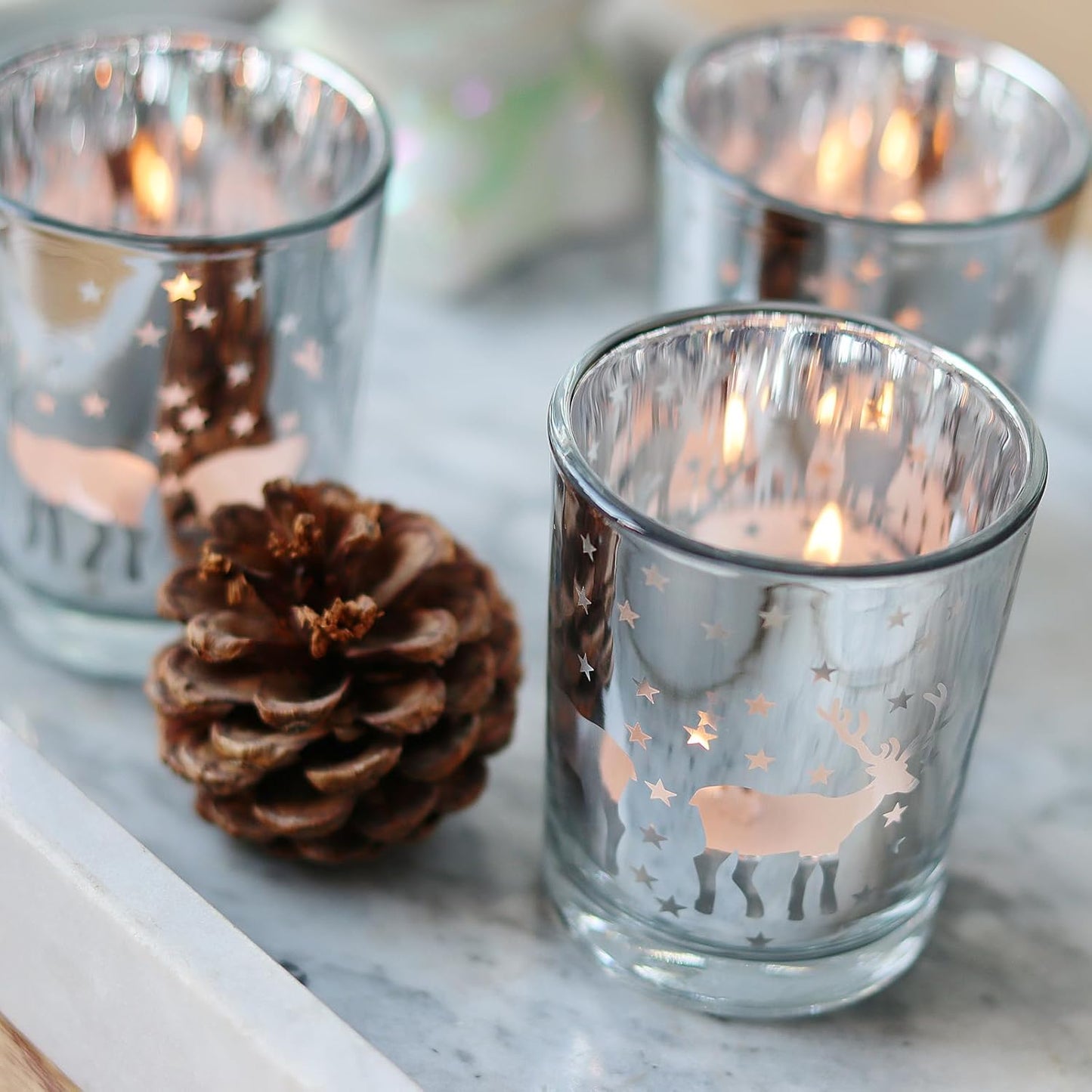 Silver Votive Tealight Candle Holders - 12PCS Christmas Decor with Carved Reindeer for Festive Centerpieces