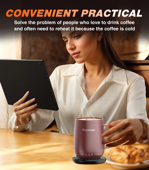 Kepwam Self Heating Coffee Mug, 16oz Smart Heated Coffee Mug, 150 Min Battery Life - Hot up to 149℉ Temperature Control Coffee Mug Warmer, Gifts for Women and Men
