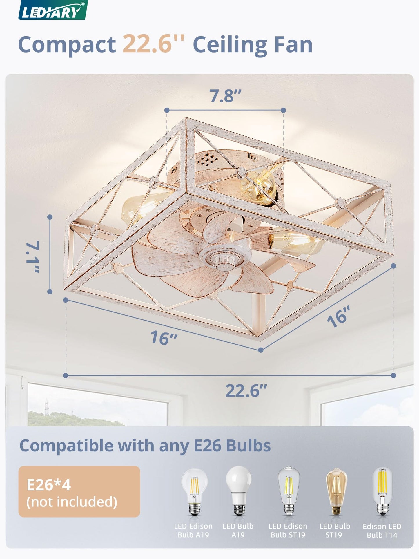 LEDIARY 22" Caged Low Profile Ceiling Fans with Lights and Remote, White Square Flush Mount Ceiling Fan, 6 Speed and Reversible, Small Farmhouse Bladeless Ceiling Fan for Bedroom, Kitchen, Dining Room