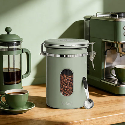 Veken Coffee Canister - Airtight Stainless Steel Container with Window | 22oz Green for Grounds, Beans, Tea, and More