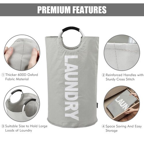 DOKEHOM 95L Large Laundry Basket, Collapsible Laundry Bag, Freestanding Tall Clothes Hamper, Foldable Washing Bin (Grey)