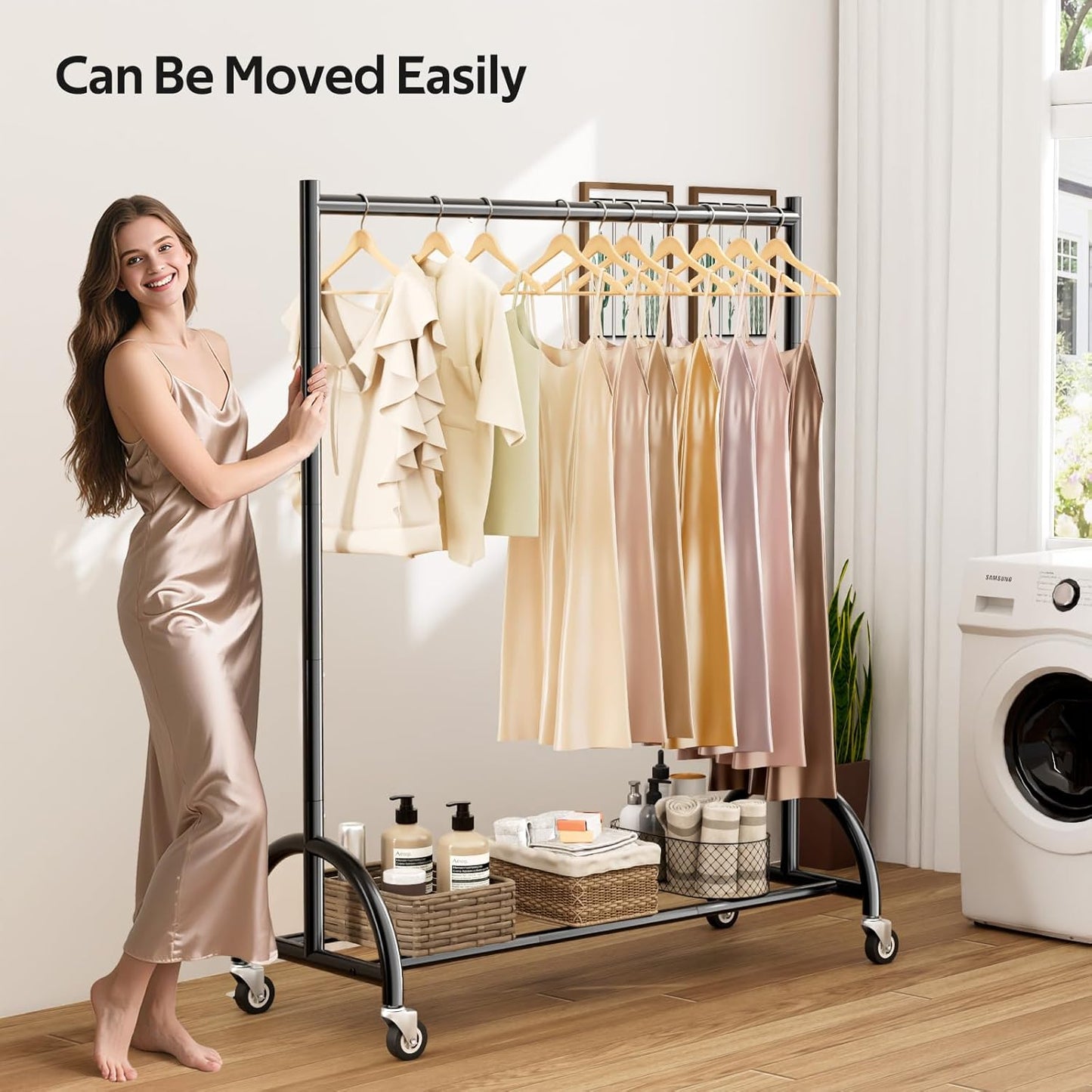 MISSLO Heavy Duty Clothing Rack - Rolling Garment Rack for Coats & Dresses - Black Finish