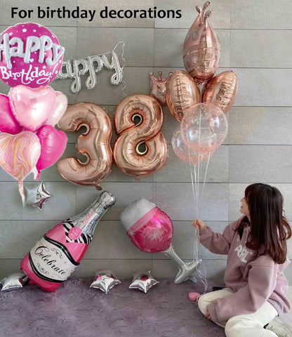 Rose Gold Crown Mylar Balloons - Large Round Pink Balloons Set for Women's Birthday Decorations