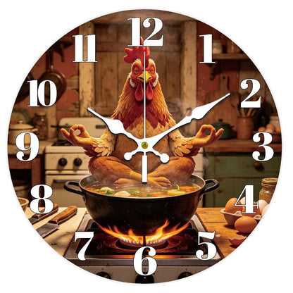 Yoga Chicken Pattern Wall Clock 12-Inch - MDF Round Clock with White Hands, Humor Home Decor